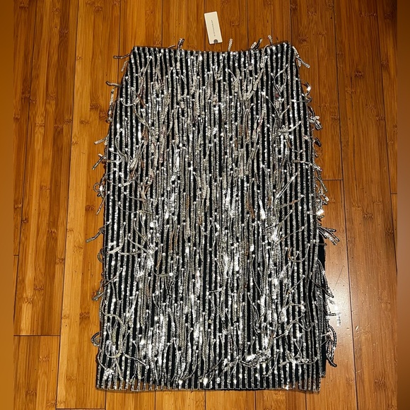 NWT Anthropologie Maeve Sequened Fringe Midi Silver Sequin Skirt Size 2 - Picture 4 of 16